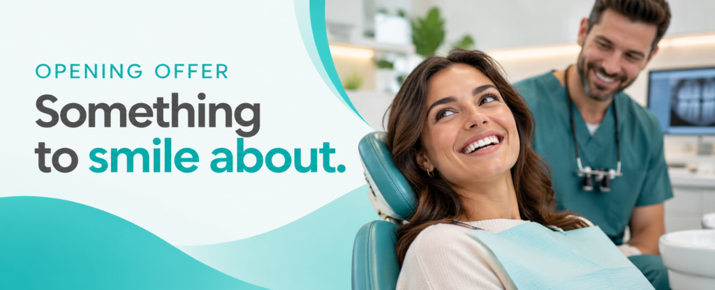 Opening Offer – Something to smile about. Smiling patient in a dental chair with her dentist at Dental One